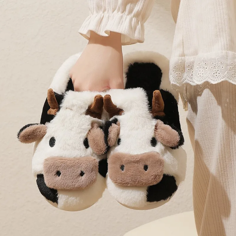 Color: Khaki, Shoe Size: 40 - New Winter Unisex Cartoon Cow Warm Plush Slippers Couple's Indoor Non-slip House Mule Men And Women Toe Wrap Home Cotton Shoes