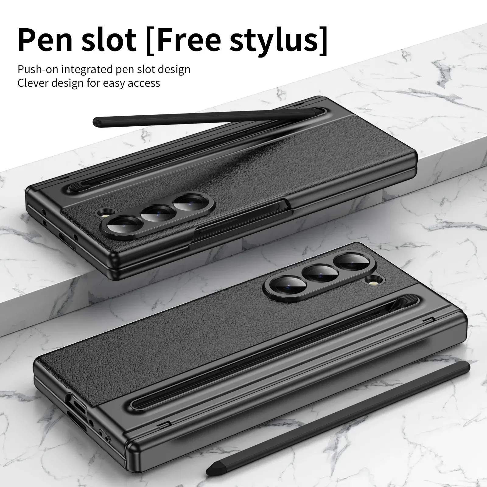 Color: black, Material: aluminum - With Touch Pen For Samsung Galaxy Z Fold 6 Slim 5 W25 5 4 3 Case Leather Plating Hinge 360 Full Screen Protector Folding Cover