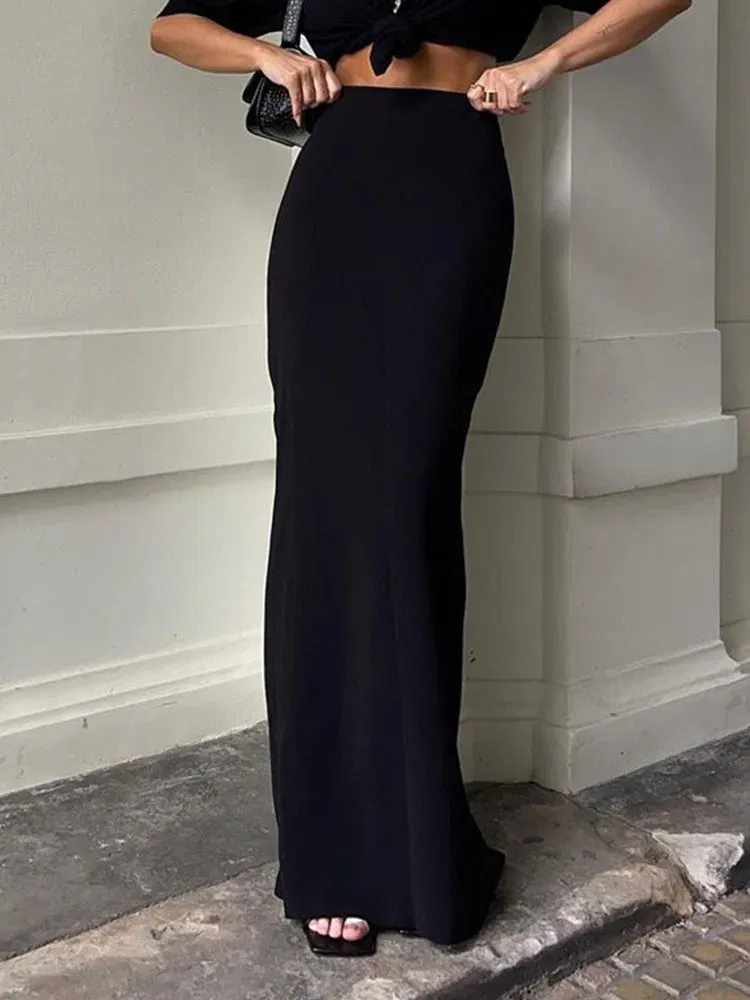 Color: black, Size: M - Fashion For Women Black Long Skirts High Waist Slim Seamless Elegant Ladies Gown Casual Summer 2024 New Female Maxi Skirts