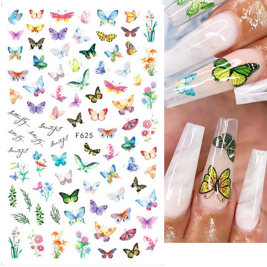 Color: green - 3D Blue Butterfly Adhesive Stickers Nail Art Decoration Laser Flowers Leaves Nail Sticker Nail Art Supplies Nail Parts