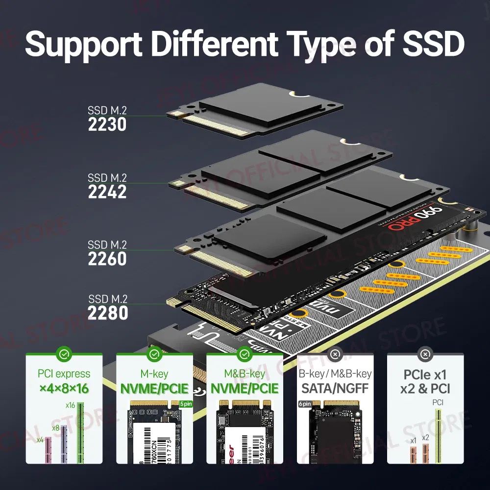 Color: Red - JEYI M.2 NVME to PCIe 4.0 3.0 Adapter With Aluminum SSD Heatsink, NVMe 64Gbps Gen4 PCIE x1 X4 X8 X16 Expansion Card for Desktop