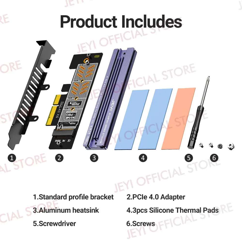 Color: Red - JEYI M.2 NVME to PCIe 4.0 3.0 Adapter With Aluminum SSD Heatsink, NVMe 64Gbps Gen4 PCIE x1 X4 X8 X16 Expansion Card for Desktop