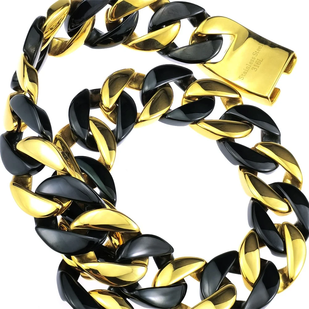 Length: 35cm, Main Stone Color: GRAY - 316L Stainless Steel  and Black Tone Curb 24mm Solid Heavy Long Necklace + Bracelet Jewelry