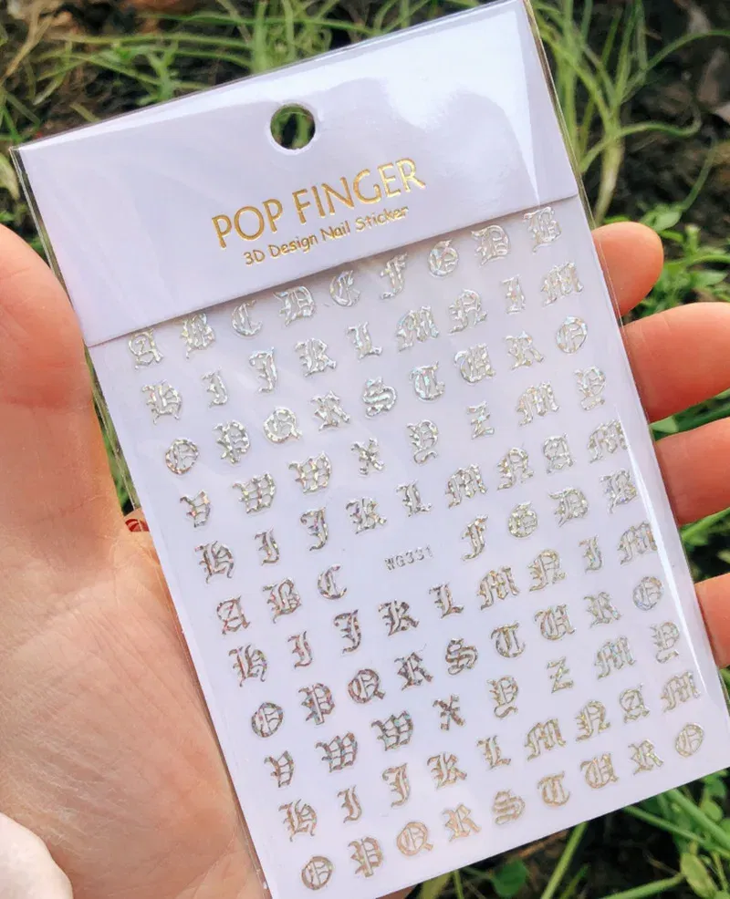 Color: Dark Khaki - 1PCS New English Alphabet Nail Stickers Multi-Color Laser Reflective Nail Slider Art Cool Text Nail Kit