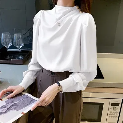 Color: WHITE, Size: M, Ships From: CHINA - Spring Autumn Elegant Office Women Shirt Mujer Chic Satin Formal Lantern Sleeve Blouse Tops Loose Pullover Jumper Street Clothes
