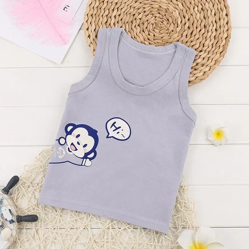 Color: GRAY, Kid Size: 7 - Summer Kids Tops Clothes Tank Sleeveless Breathable Cotton Children T-shirt Vest Top Clothing Outfit Cartoon Boys Girls 0-7Years