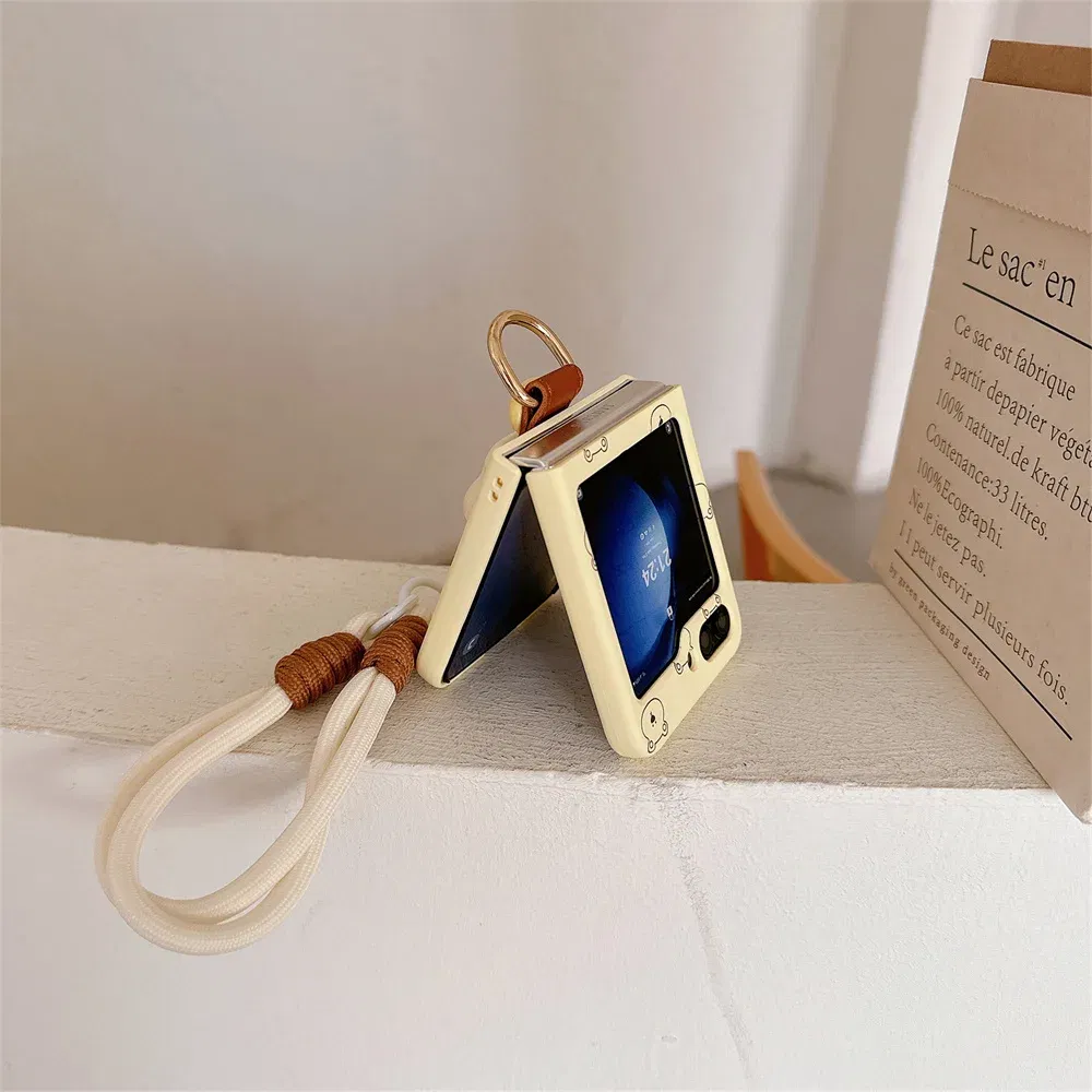 Color: Beige, Material: aluminum - Cute 3D Bear Hand Strap Case for Samsung Galaxy Z Flip 6 5 4 3 Lanyard Ring Holder Shockproof Cover for Samsung Flip6 ZFlip5