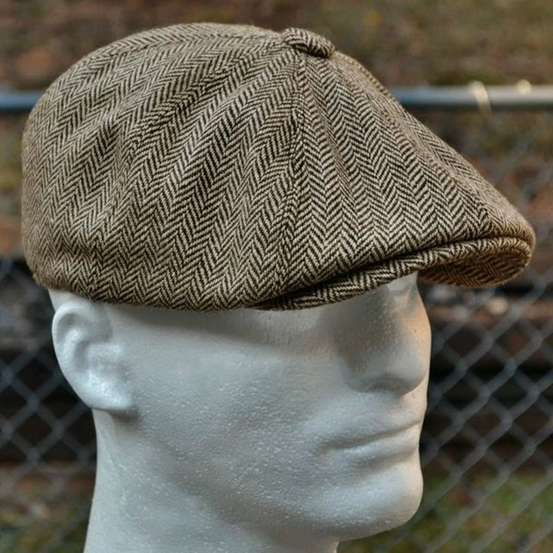 Color: Brown, Hat Size: One Size - Men herringbone style berets retro woolen top felt hat fashion wild casual berets flat berets
