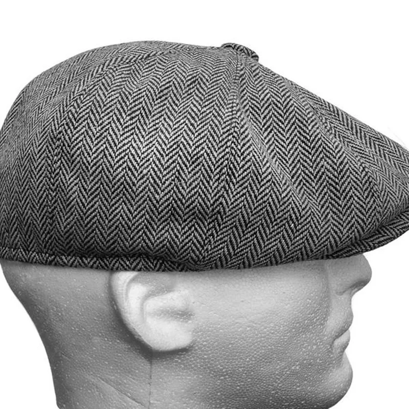Color: Brown, Hat Size: One Size - Men herringbone style berets retro woolen top felt hat fashion wild casual berets flat berets
