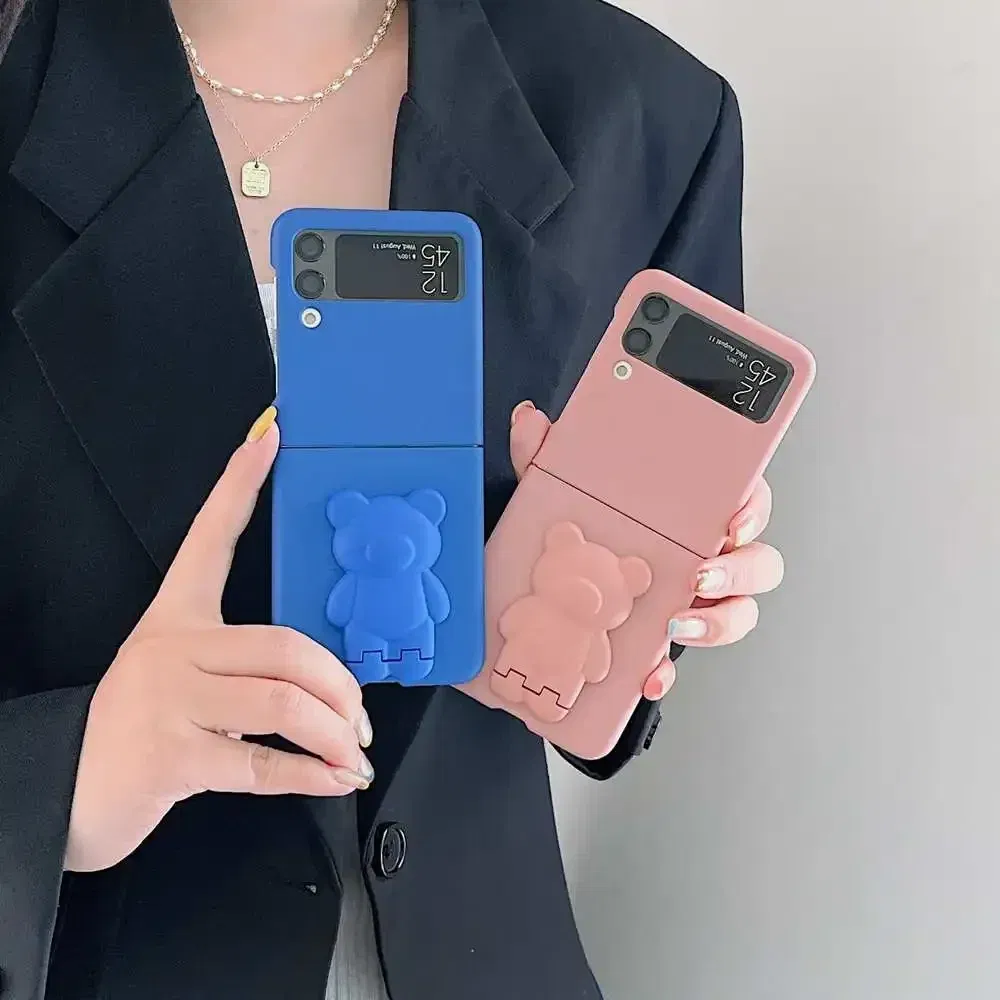 Color: WHITE, Material: Canvas - 3D Bear Bracket Kickstand Cute Case For Samsung Galaxy Z Flip 5 4 3 Hard Phone Case For Samsung Z Flip 3 4 Flip5 ZFlip4 Cover