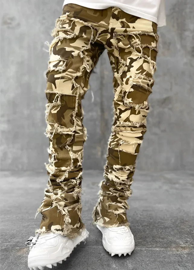 Color: Brown, Size: S - Men's Regular Fit Stacked Jeans Ripped Slim Fit Patch Distressed Destroyed Straight Denim Pants Hip Hop Streetwear Trouser Cloth