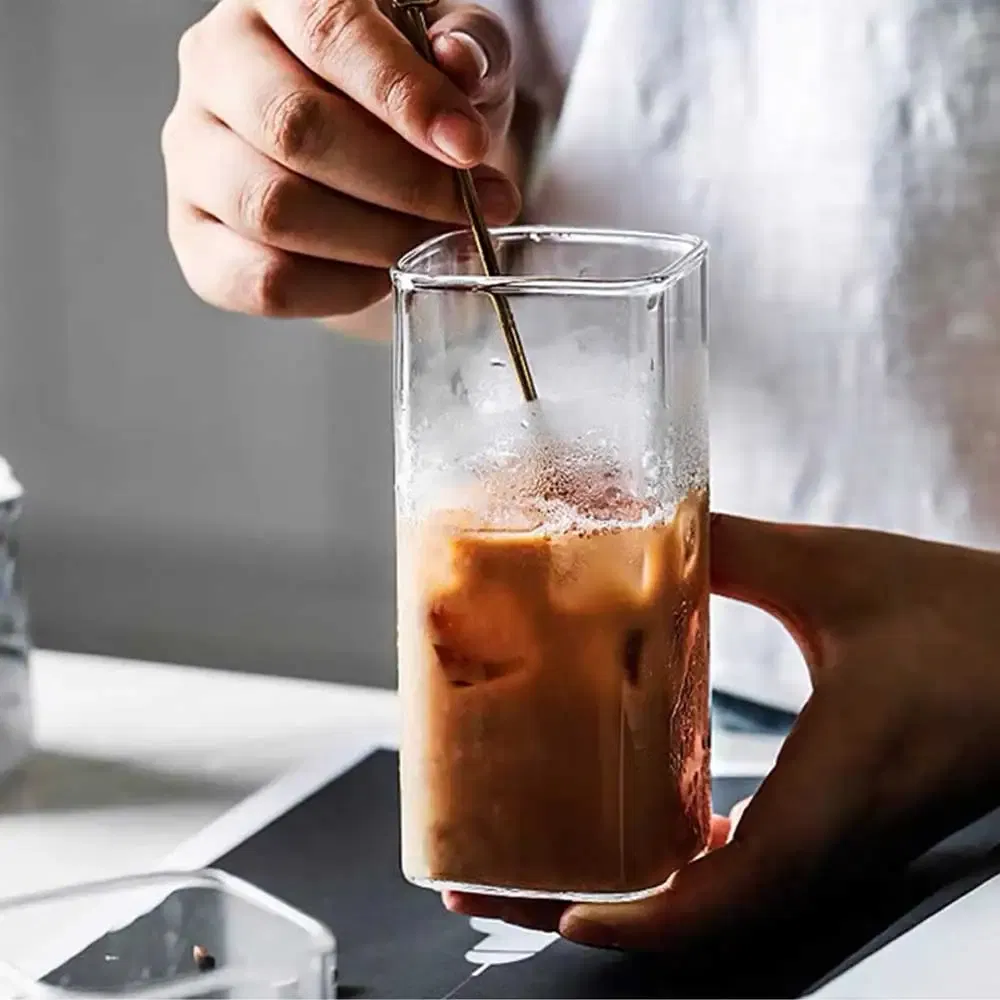 Color: Red, Capacity: 301-400ml - Square Simple Glass Cup Transparent Cold Drink Large-capacity Milk Juice Tea Drink Water Mousse Cups Wine Glass Beer Coffee Mug