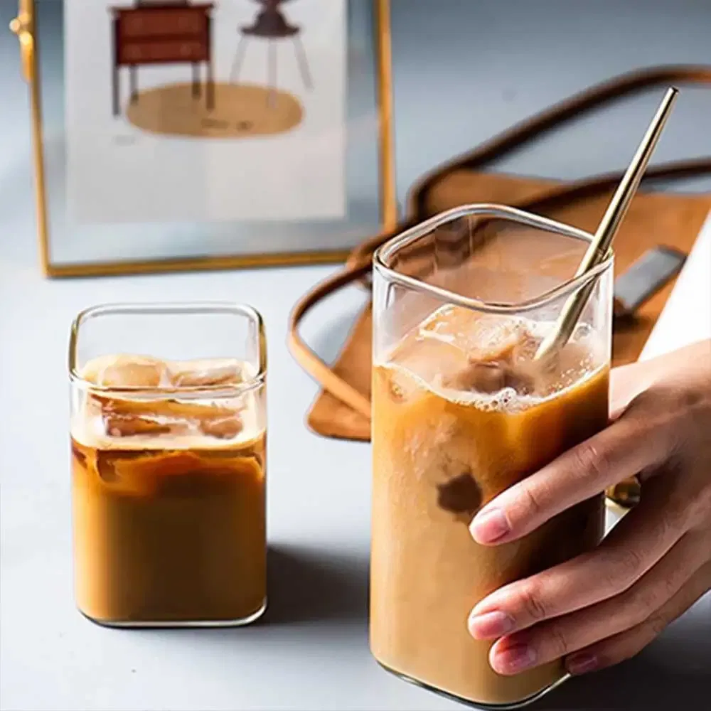 Color: Red, Capacity: 301-400ml - Square Simple Glass Cup Transparent Cold Drink Large-capacity Milk Juice Tea Drink Water Mousse Cups Wine Glass Beer Coffee Mug
