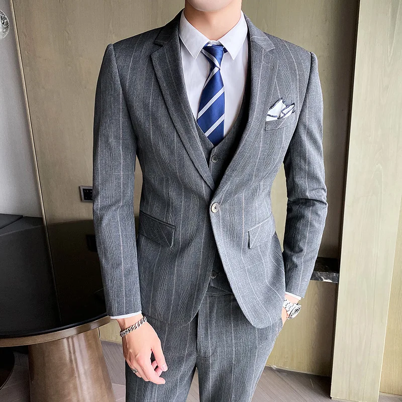 Color: Champagne, Size: XXXL - Gray Men Classic Striped/Checked Suits, Business Office 3 Piece, Asian Size Slim Fit Men Dress Jacket & Pants with Vest, S-4XL