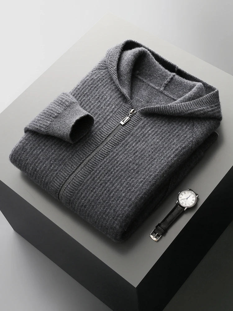 Color: Dark Grey, Size: L - Daily Clothes Autumn Winter Sweater Men's Coat 100% Merino Wool Sweater Cardigan Knitted Jacket Thicked Hooded Outerwears Trend