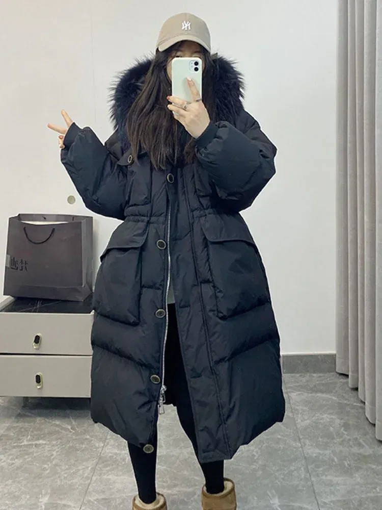 Color: Turquoise, Size: S - Down Jacket Women Waterproof Winter Long Puffer Jacket 2024 Real Raccoon Fur Hooded Duck Down Coat Female Rain Feather Parkas
