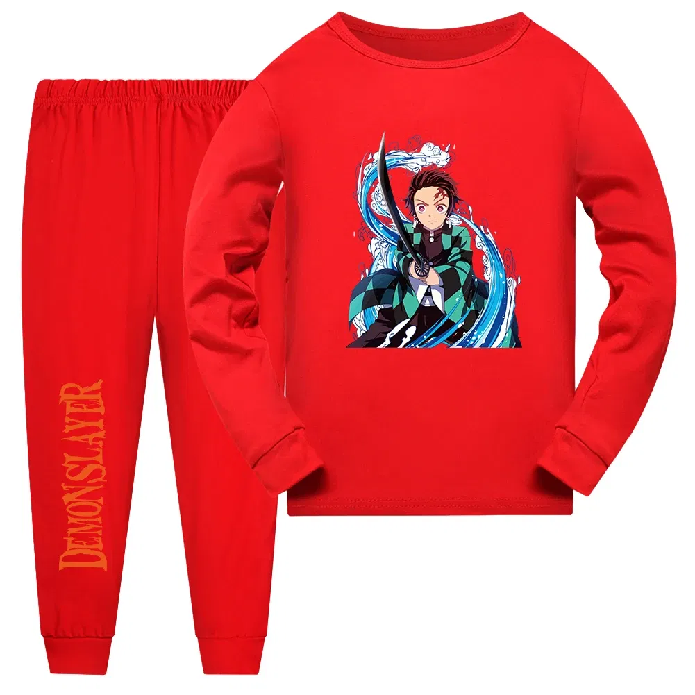 Color: black, Kid Size: 15 - Demon Slayer Sleepwear Kamado Tanjirou Kamado Nezuko Agatsuma Zenitsu Children's Homewear Suit Long-sleeve Two-piece Pajamas Set