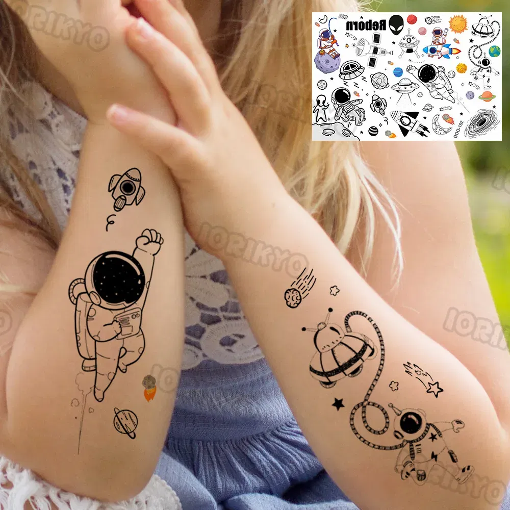 Color: WHITE - Airplane Spaceman Temporary Tattoos For Kids Face Neck Boy Girls Adult Fake Planets Astronaut Tattoo Sticker Black Cartoon Tatoo