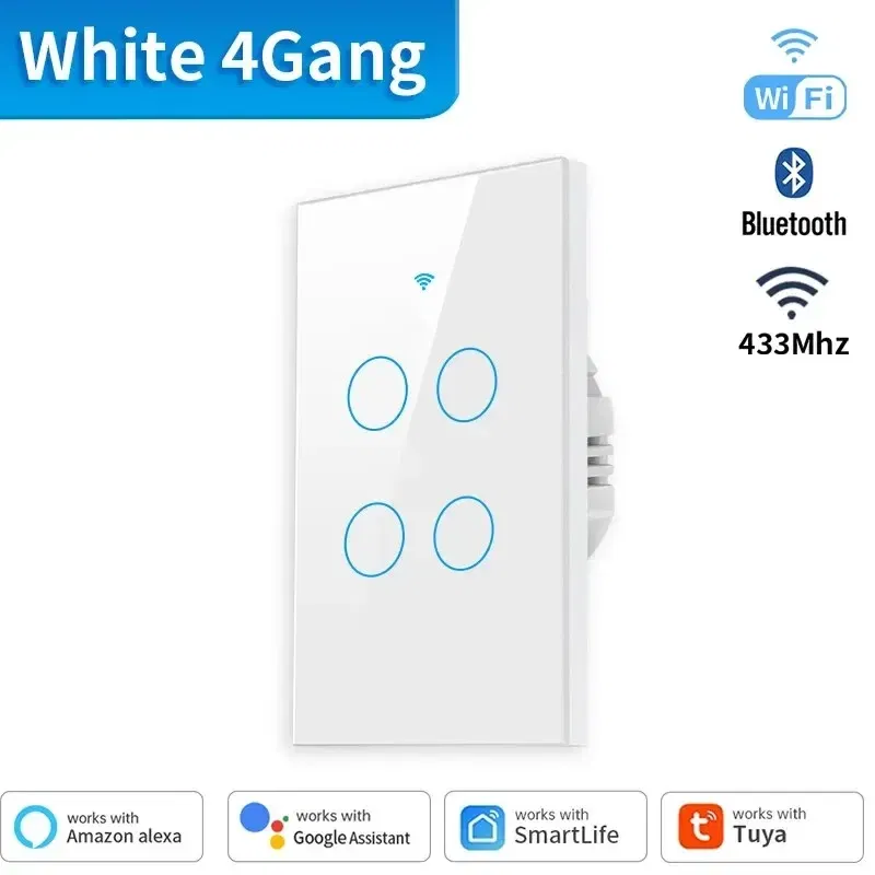 Color: green - Tuya US WiFi+Bluetooth Smart Switches No Neutral Wire Required 1/2/3/4 Gang Light WiFi Touch Switch Work with Alexa Google Home