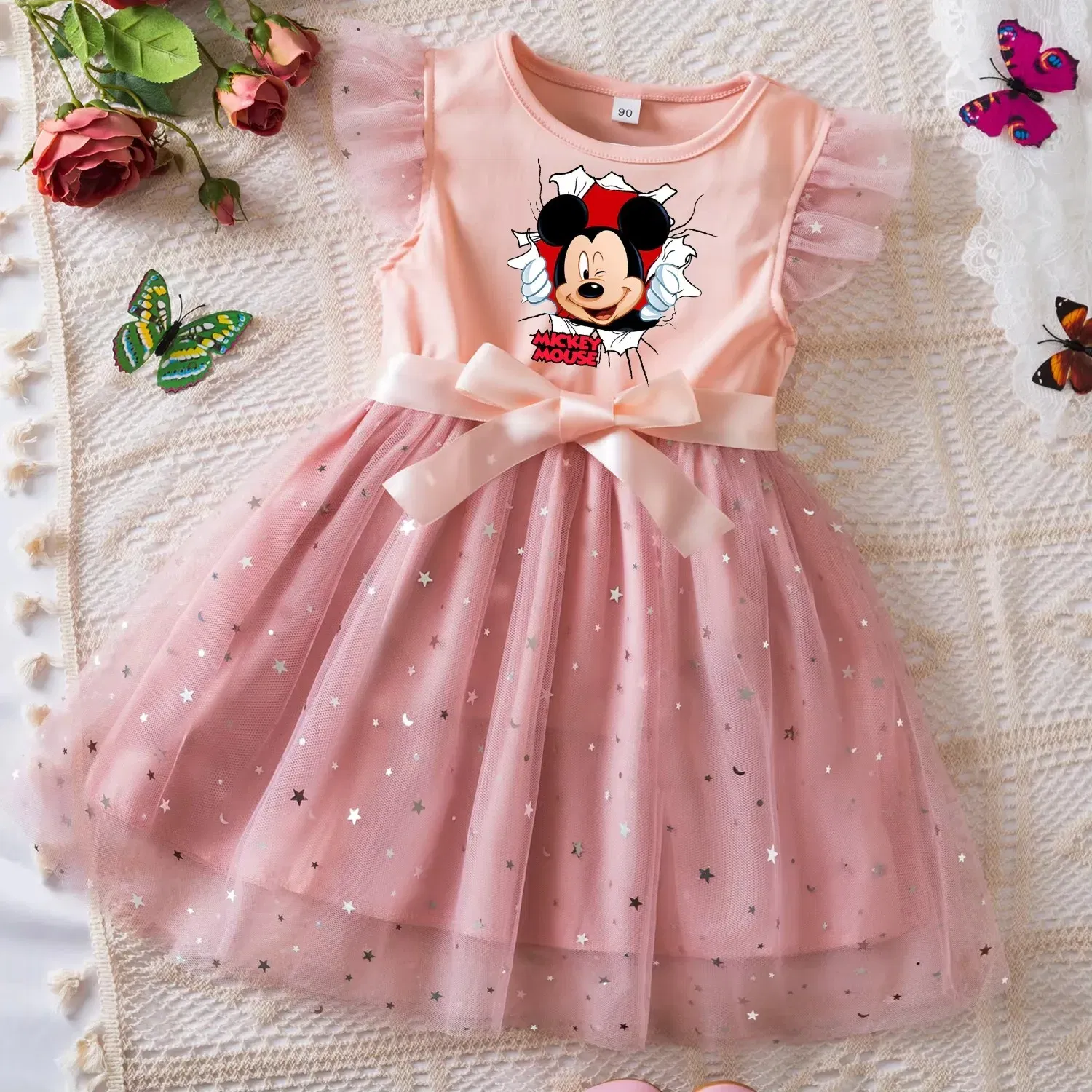 Color: Gold, Size: S - Mickey Minnie Mouse Girls Summer Clothes Flying Sleeves Bow Sequin Dress 2-6Y Kid Birthday Tutu Princess Dress for Baby Girl