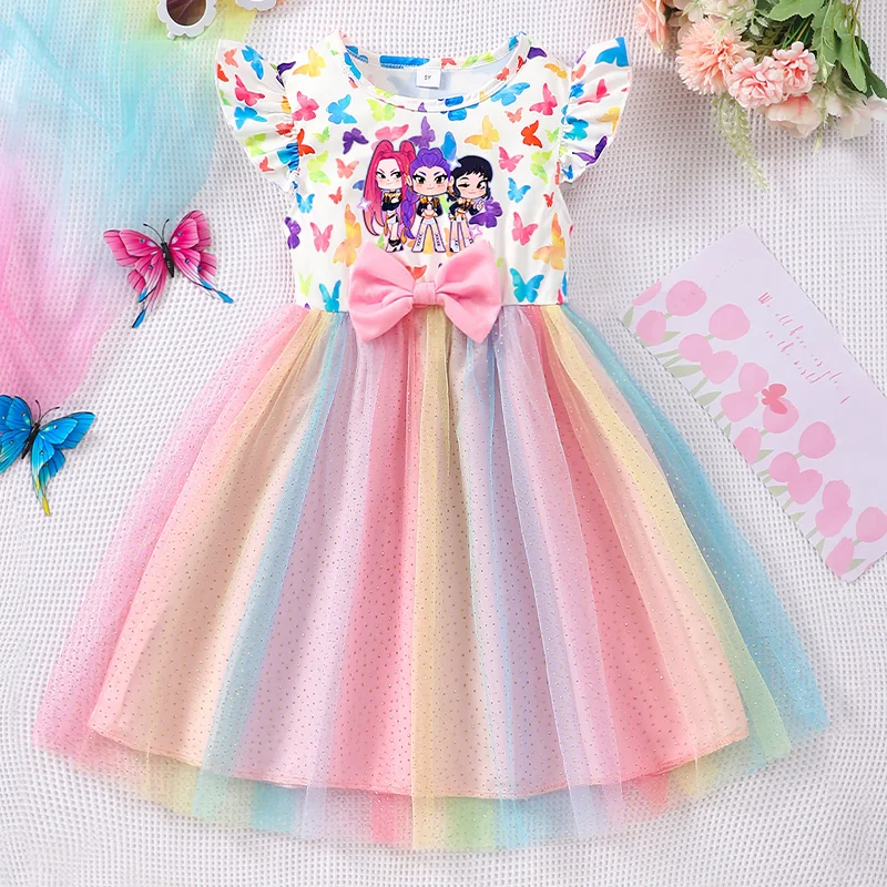 Color: Champagne, Size: One Size, Ships From: CHINA, Height: 164 - KPop Demon Hunter Christmas Princess Dress Girl Fashion Casual Autumn Butterfly Dress Wedding Birthday Party Dress Gift Clothes
