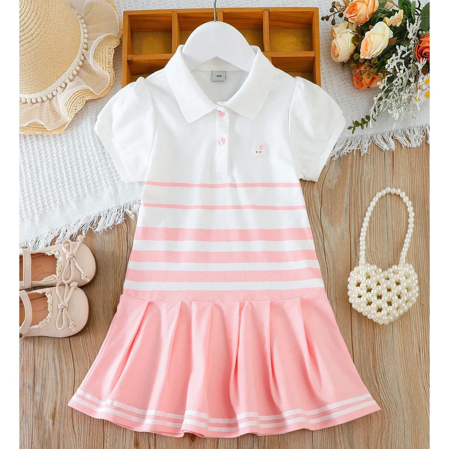 Color: Pink, Kid Size: 3T - Girls' Fashion Polo Dress with Stripes Kids Elegant Puffed Sleeves Clothes Baby Girls Summer Dresses