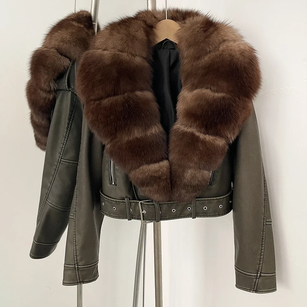 Color: MULTI, Size: M - Fake Leather Coat New Natural Fox Fur Autumn Short Faux Leather Jacket Female Spring PU Women Long Sleeve Real Fur Coat Thin