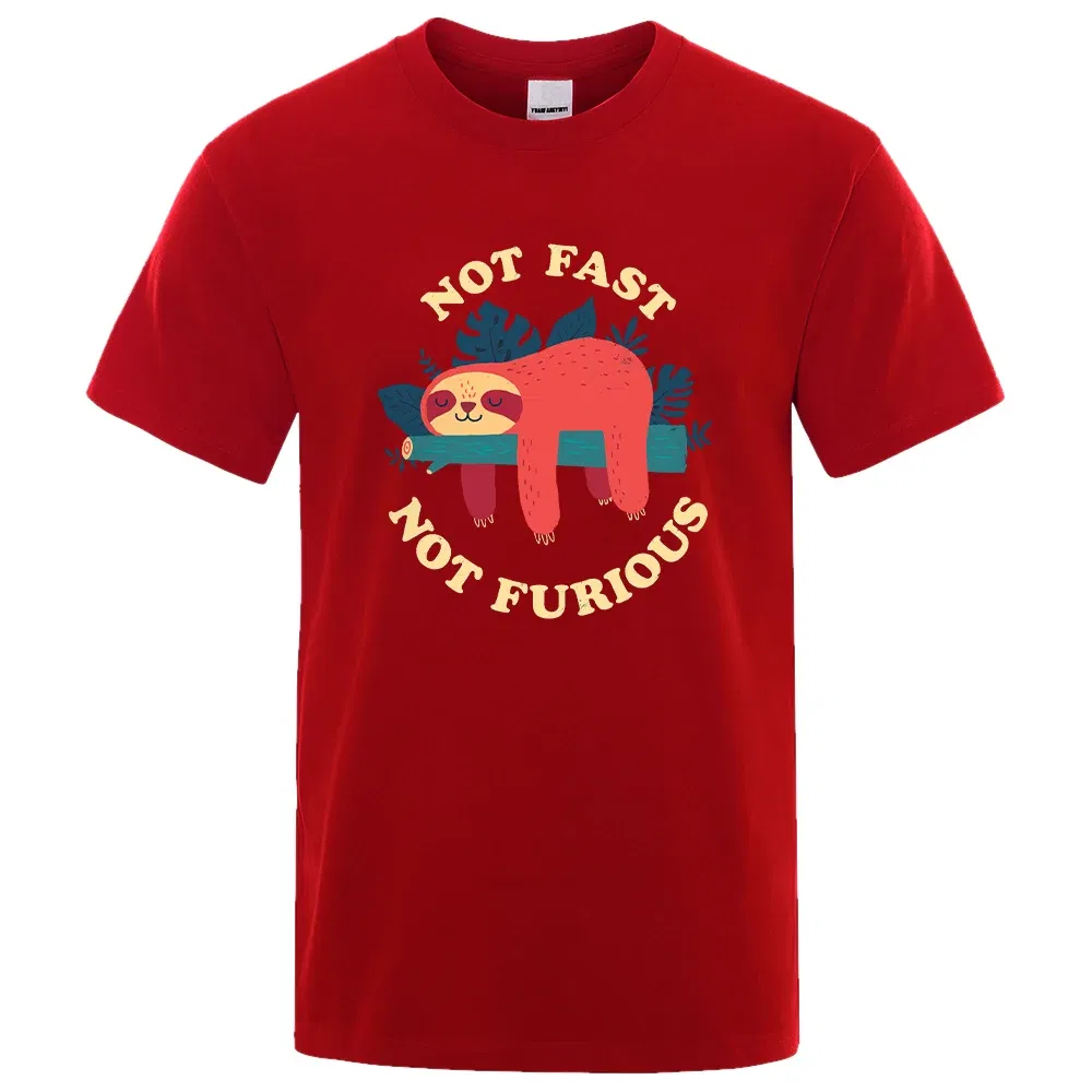 Color: Red, Size: XXL - Not Fast Not Furious Sloth Cute Print Men Tee Shirts Breathable Cotton Tops Street Fashion T-shirt Women Casual Summer T Shirts