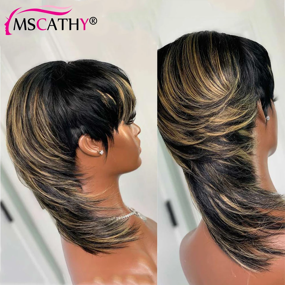 Hair Color: #D99J, Stretched Length: 6inches, Density: 150% - Full Machine Made Dovetail Human Hair Wigs Body Wave Short Pixie Cut Wig With Bangs Glueless Brazilian Remy Hair Wigs For Women