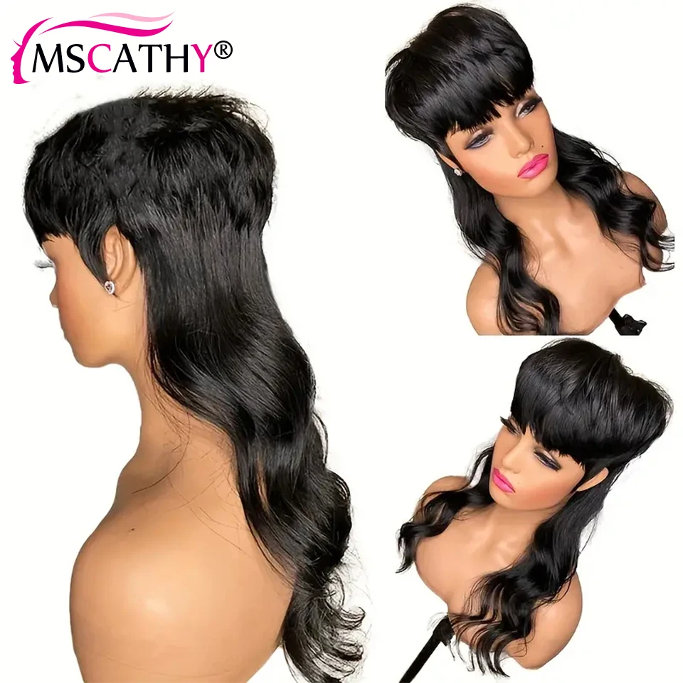 Hair Color: #D99J, Stretched Length: 6inches, Density: 150% - Full Machine Made Dovetail Human Hair Wigs Body Wave Short Pixie Cut Wig With Bangs Glueless Brazilian Remy Hair Wigs For Women