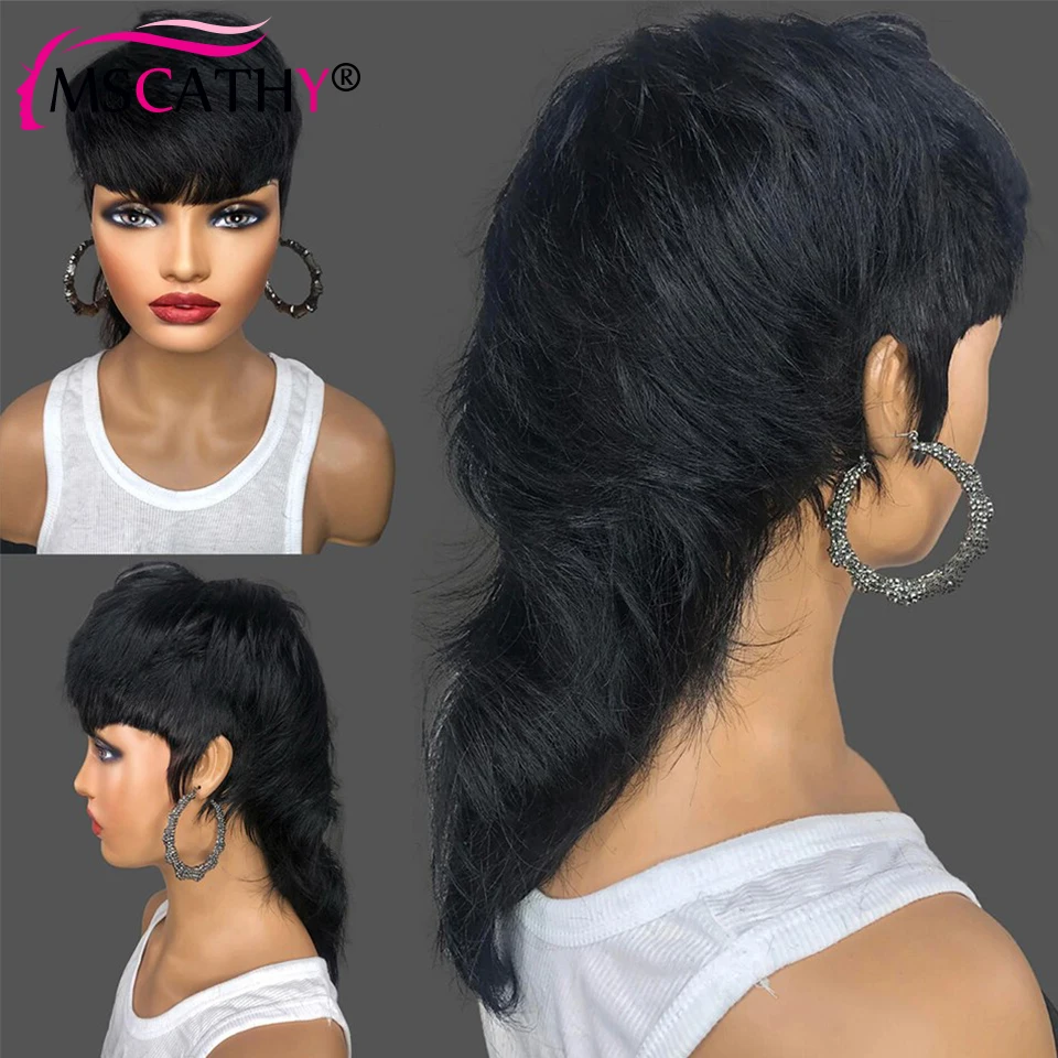 Hair Color: #D99J, Stretched Length: 6inches, Density: 150% - Full Machine Made Dovetail Human Hair Wigs Body Wave Short Pixie Cut Wig With Bangs Glueless Brazilian Remy Hair Wigs For Women