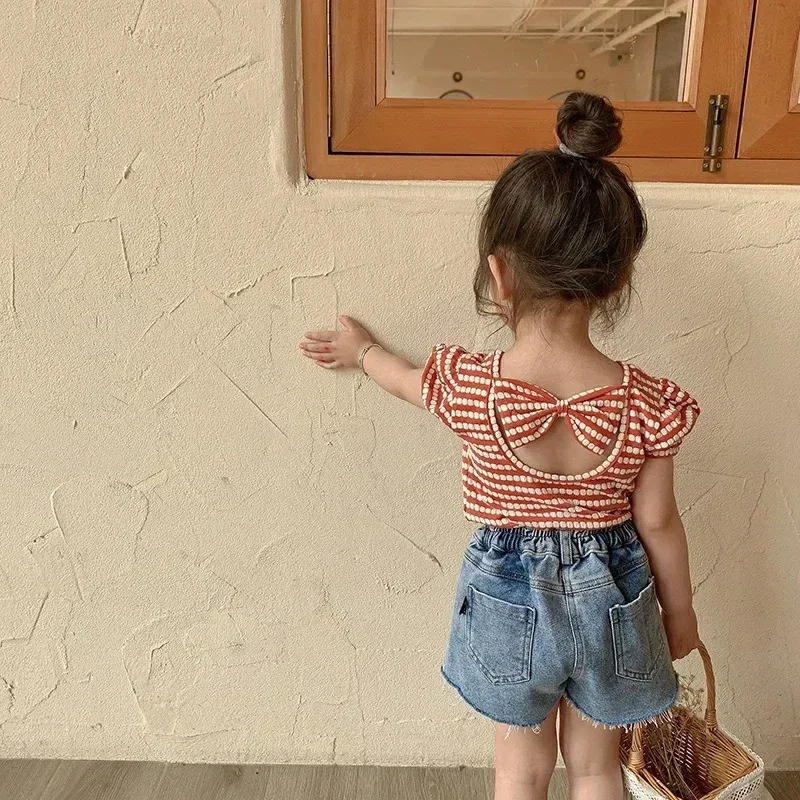Color: Beige, Kid Size: 3T - 2024 Summer Baby Girls T-shirts Kids Girl Striped Puff Short-sleeve Tops Fashion Bowknot Backless Children Clothing Toddler Tees