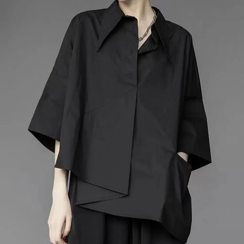 Color: Red, Size: XL - Men Shirts Irregular Hem Black White Shirts Single Breasted Shorts Sleeves Handsome Blouse Men Women Tops Summer Spring Shirts