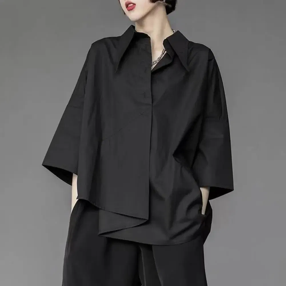 Color: Red, Size: XL - Men Shirts Irregular Hem Black White Shirts Single Breasted Shorts Sleeves Handsome Blouse Men Women Tops Summer Spring Shirts