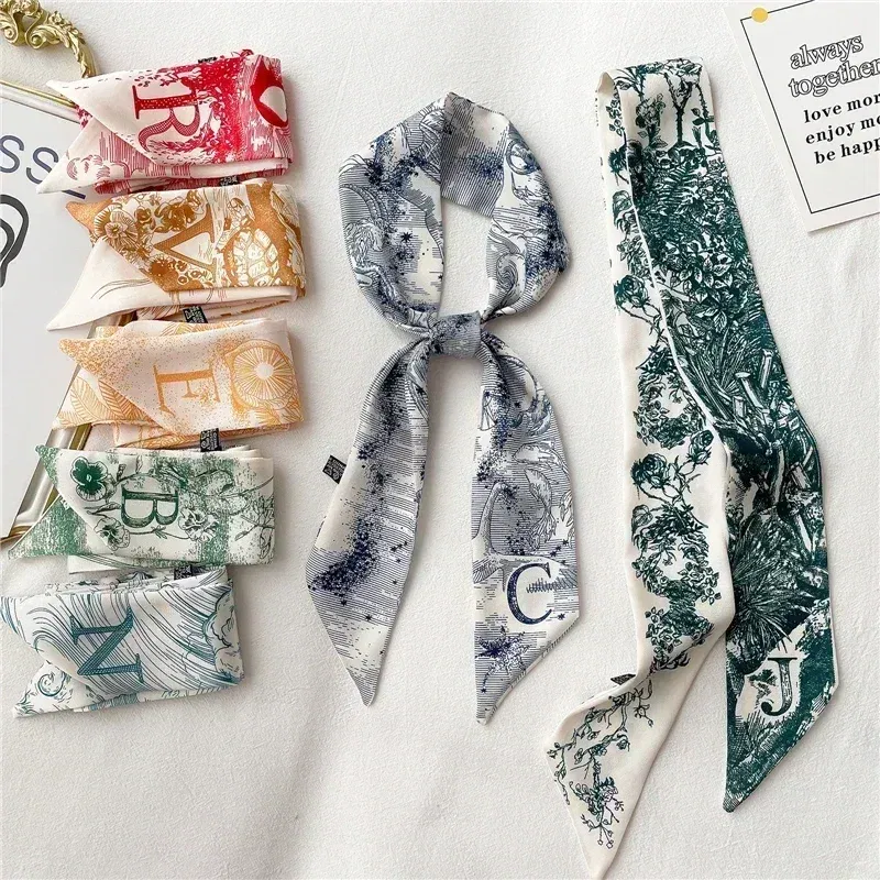 Color: Beige, Size: XXS - Fashion Skinny Scarf Women Luxury letter Printing Tie Bag Handle Ribbon Hair Band Women's Headscarf New Lady Design Silk Scarves