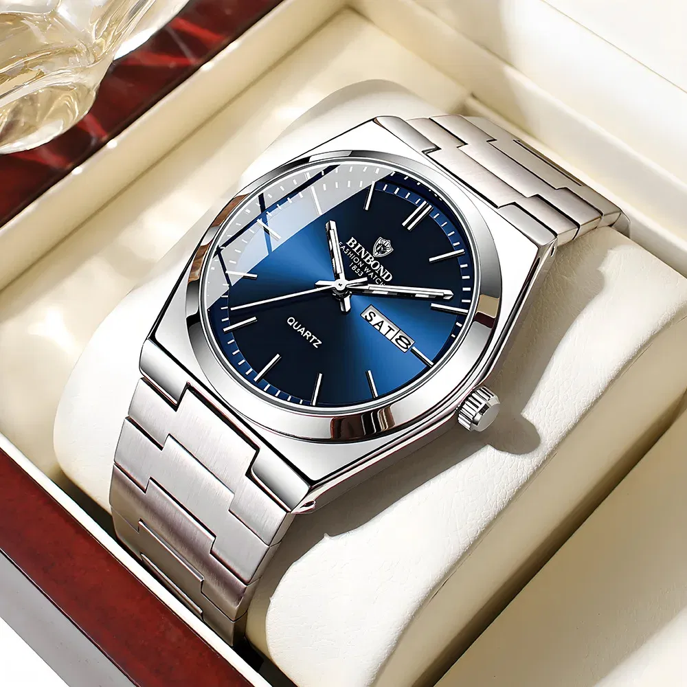Color: Coffee - UTHAI Men Watch Light Luxury Brand Stainless Steel Double Calendar Waterproof Male Business Leisure Fashion Quartz Clock Watches