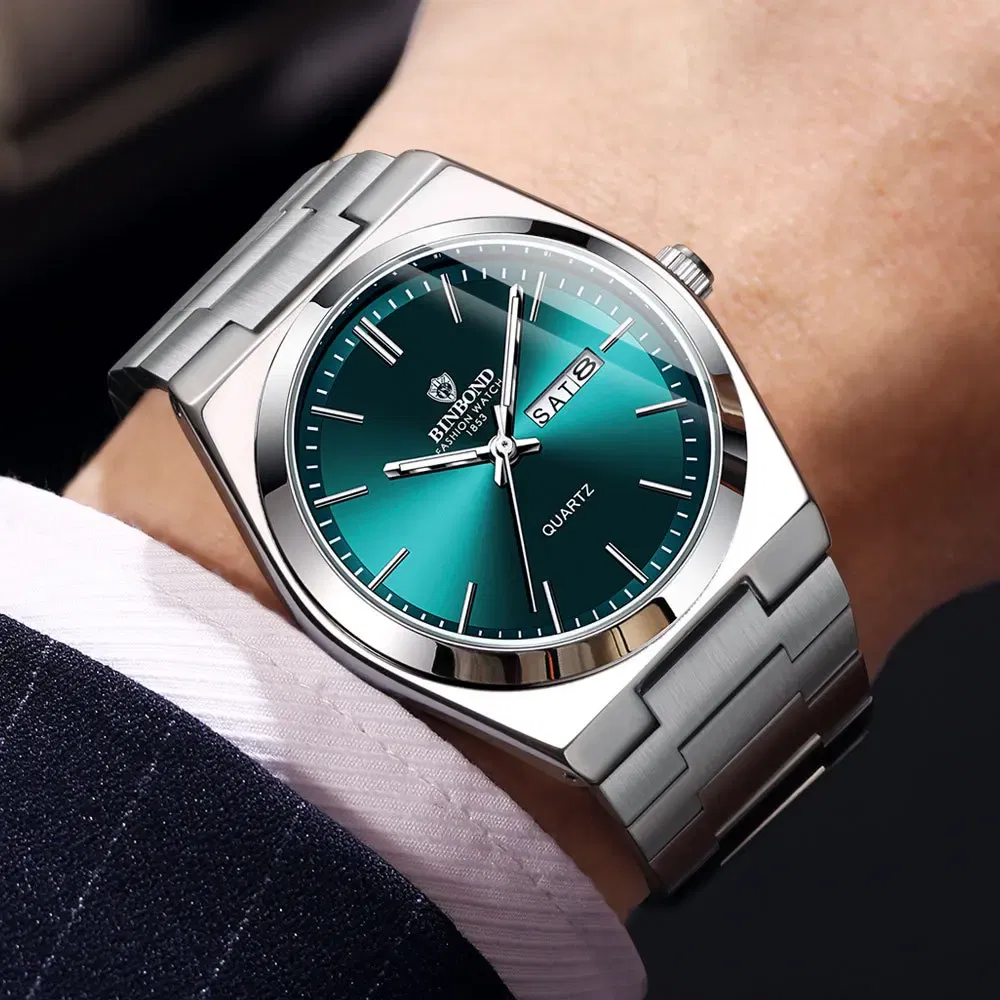 Color: Coffee - UTHAI Men Watch Light Luxury Brand Stainless Steel Double Calendar Waterproof Male Business Leisure Fashion Quartz Clock Watches