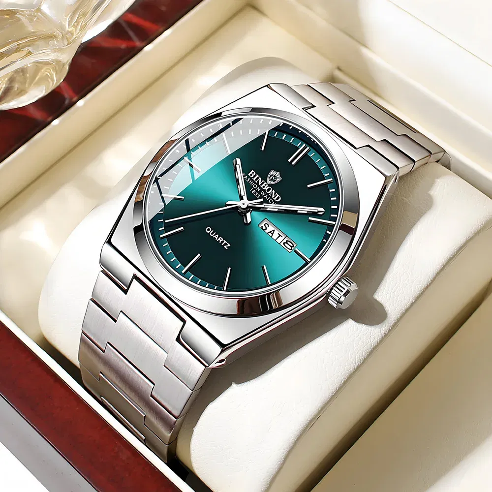 Color: Coffee - UTHAI Men Watch Light Luxury Brand Stainless Steel Double Calendar Waterproof Male Business Leisure Fashion Quartz Clock Watches