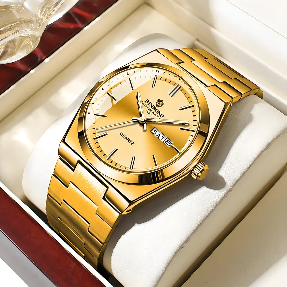 Color: Coffee - UTHAI Men Watch Light Luxury Brand Stainless Steel Double Calendar Waterproof Male Business Leisure Fashion Quartz Clock Watches