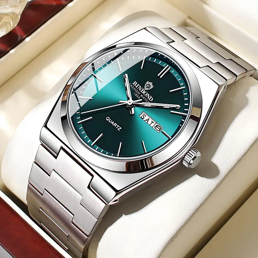 Color: Coffee - UTHAI Men Watch Light Luxury Brand Stainless Steel Double Calendar Waterproof Male Business Leisure Fashion Quartz Clock Watches