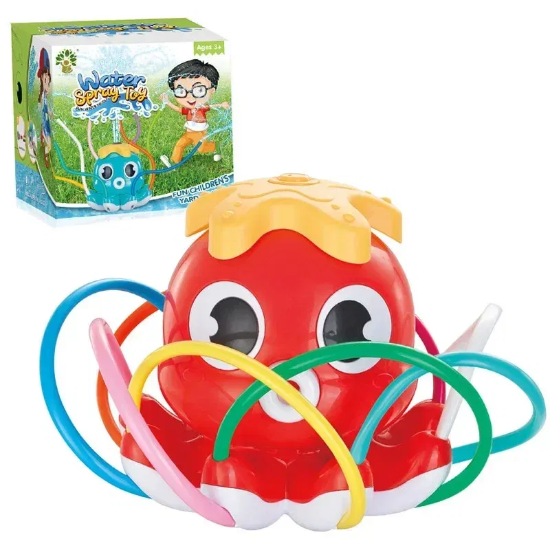 Color: Red - Sprinkler Rotating Spray Outdoor Games Summer Water Toy for Kids Garden Octopus Backyard Yard Cartoon Splash Baby Bath Toys Gift