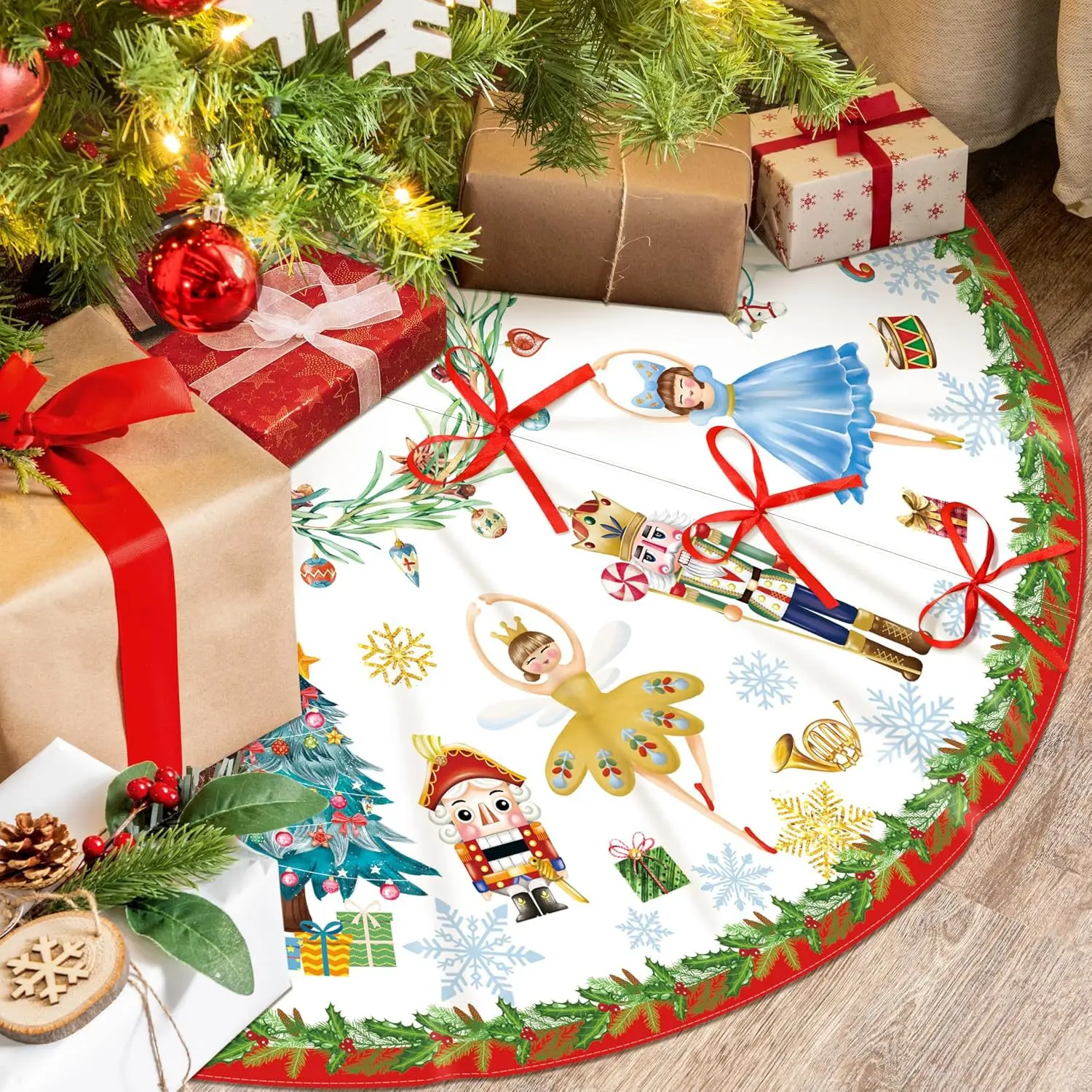 90/120cm Christmas Tree Skirt Holiday Vibrant Nutcracker Nativity New Yeay Ornaments Merry Xmas Soft Tree Skirt Home Mat Decor