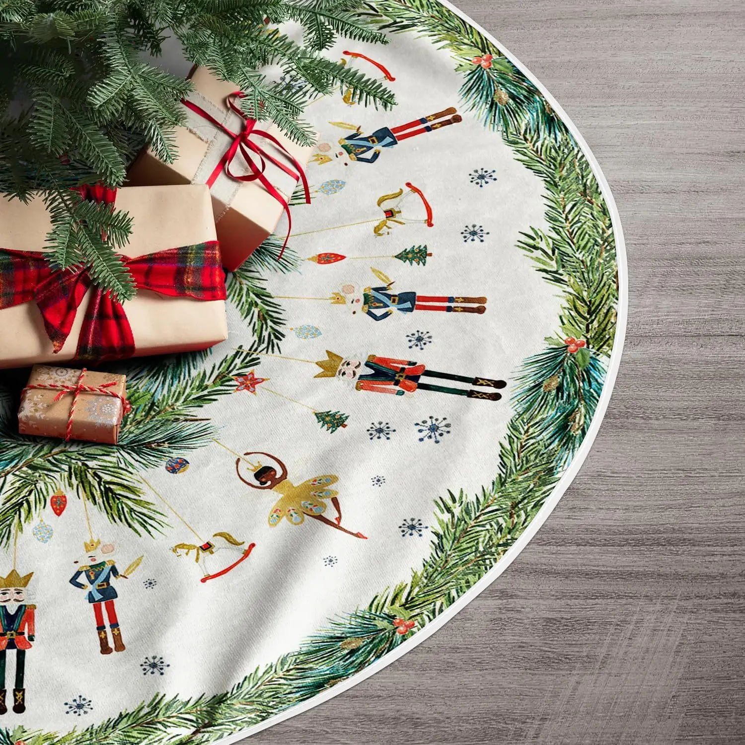 90/120cm Christmas Tree Skirt Holiday Vibrant Nutcracker Nativity New Yeay Ornaments Merry Xmas Soft Tree Skirt Home Mat Decor