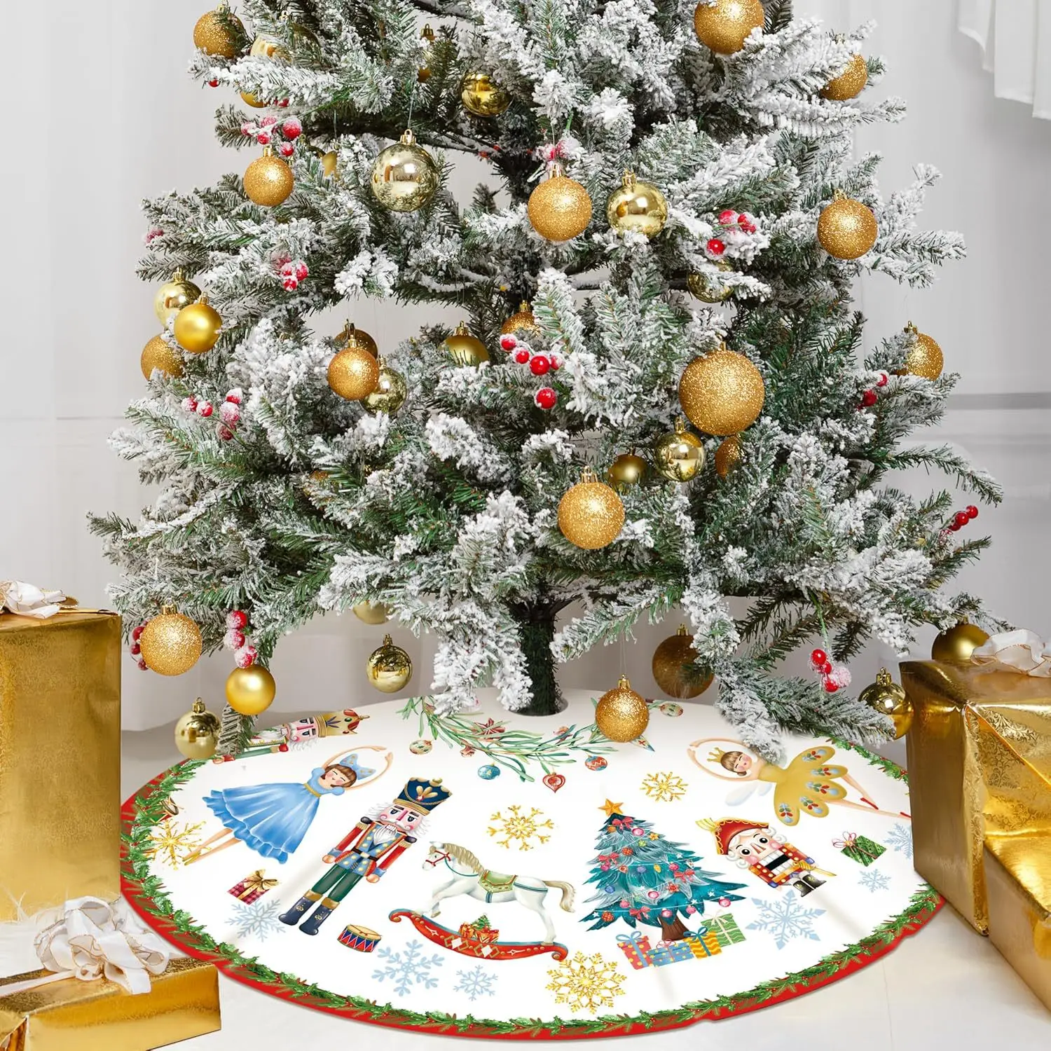 90/120cm Christmas Tree Skirt Holiday Vibrant Nutcracker Nativity New Yeay Ornaments Merry Xmas Soft Tree Skirt Home Mat Decor
