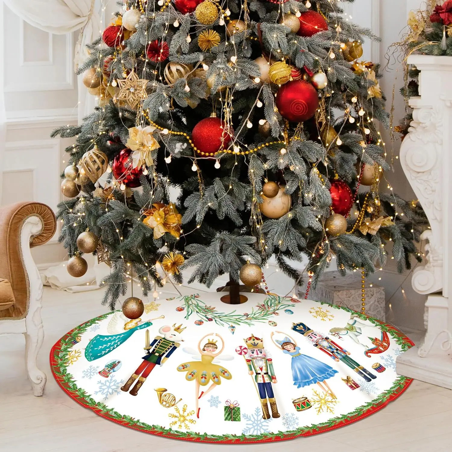 90/120cm Christmas Tree Skirt Holiday Vibrant Nutcracker Nativity New Yeay Ornaments Merry Xmas Soft Tree Skirt Home Mat Decor