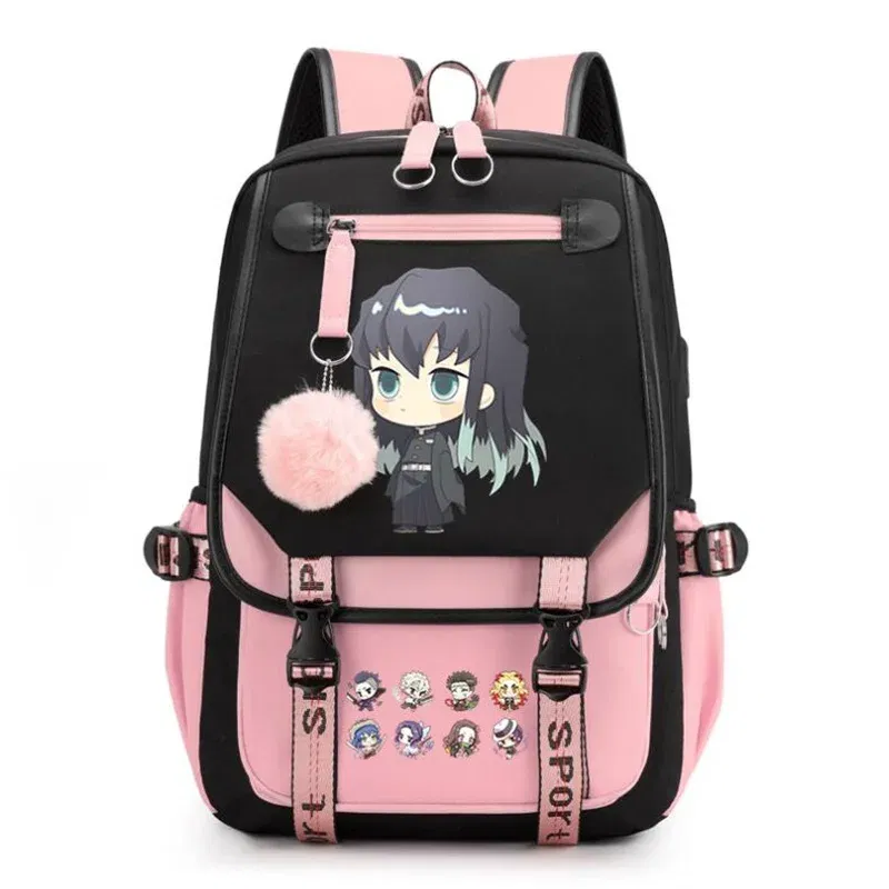 Color: Beige, Size: 17 Inches - Demon Slayer Backpack Schoolbag USB Laptop Bag Tokitou Muichirou Kanroji Mitsuri Men Women Rucksack Travel Shoulder Outdoor Bags