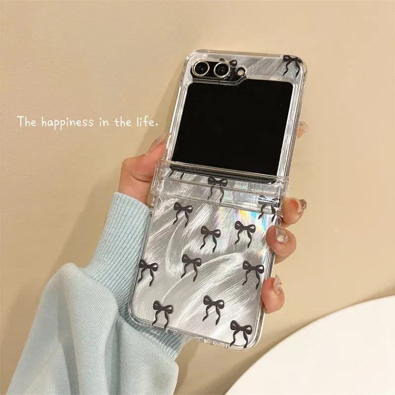 Color: Clear, Material: EVA - For Samsung Galaxy Z Flip 3 4 5 6 Case Cute Pink Black Bow Feather Cards Bracelet Cover For Samsung Z Flip3 Flip4 ZFlip5