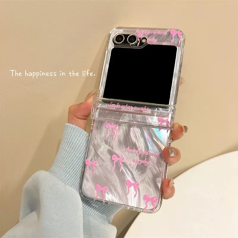 Color: Clear, Material: EVA - For Samsung Galaxy Z Flip 3 4 5 6 Case Cute Pink Black Bow Feather Cards Bracelet Cover For Samsung Z Flip3 Flip4 ZFlip5