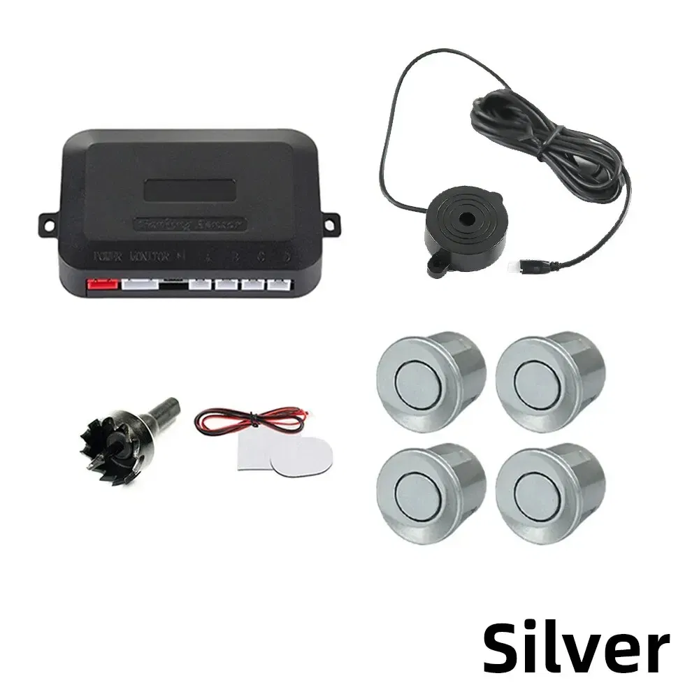 Color Name: Silver - HIPPBQCC Car Parking Sensor Kit 4 Sensors Buzzer 22mm Reverse Backup Radar Sound Alert Indicator Probe System 12V Free Shipping
