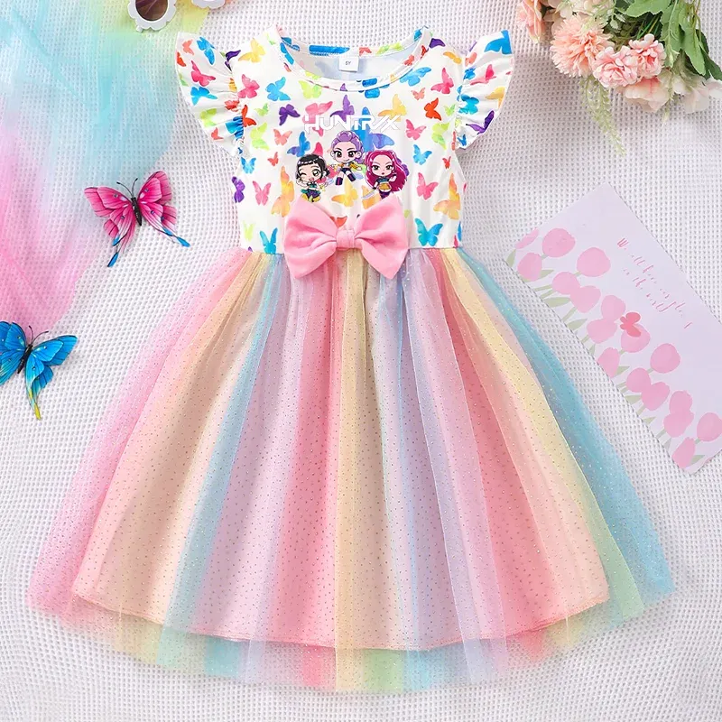 Color: Burgundy, Size: One Size, Ships From: CHINA, Height: 164 - KPop Demon Hunter Christmas Princess Dress Girl Fashion Casual Autumn Butterfly Dress Wedding Birthday Party Dress Gift Clothes